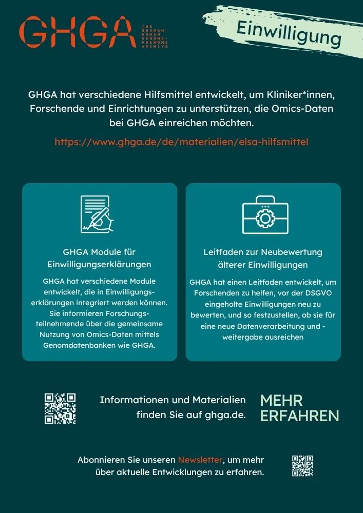 GHGA-Merkblatt über Einwilligungen und ELSA. Link zur PDF-Version.