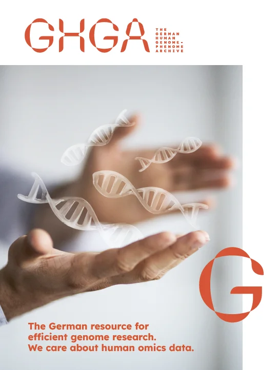 Cover Image of the GHGA Brochure, with hand protectively holding DNA and the text " The German resource for efficient genome research. We care about human omics data." Picture functions as link to the GHGA brochure.