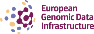 Logo of the European Genomics Data Infrastructure: half circle made out of yellow, purple and connected magenta dots.