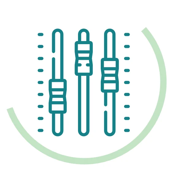 Icon symbolising GHGA workstreams: three stylised vertical lines with dots and dashes, surrounded by a light green semicircular arc