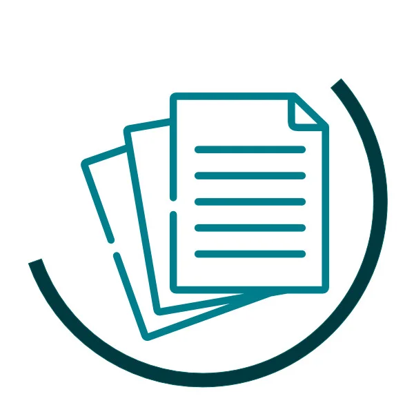 Icon symbolising consent: three stacked green documents with text lines, surrounded by a dark green semicircular arc