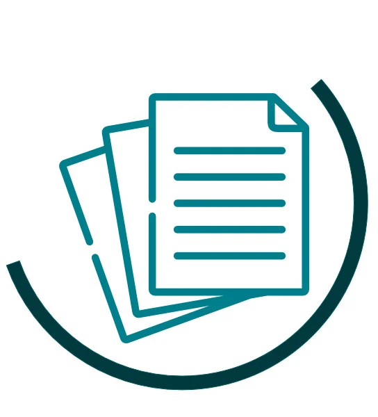 Icon symbolising consent: three stacked green documents with text lines, surrounded by a dark green semicircular arc