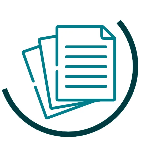 Icon symbolising consent: three stacked green documents with text lines, surrounded by a dark green semicircular arc