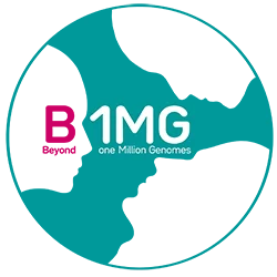 Logo for the Beyond 1million genome (B1MG) initiative. Green circle with three faces looking inwards, and B1MG in the middle.