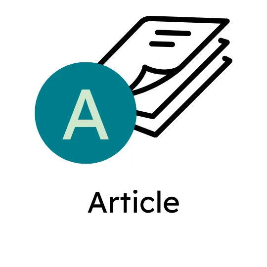 Icon symbolising an article: booklet with two overlapping pages, next to a teal circle with the white letter A