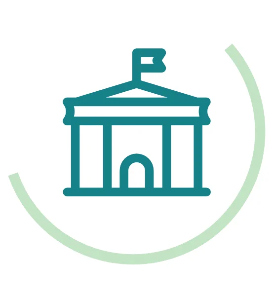Icon symbolising GHGA governance: green government building with a flag, surrounded by a light green semicircular arc