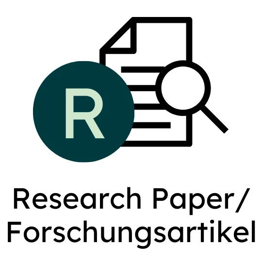 Icon für Forschungsartikel (Research Paper): Dokument mit einer Lupe, neben einem dunkelgrünen Kreis mit dem weißem Buchstaben R