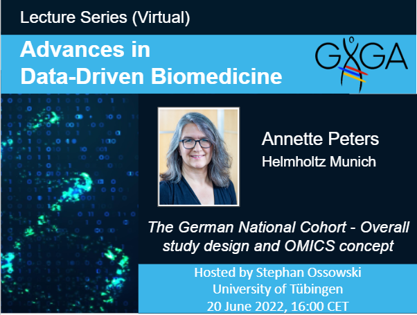 Promotional graphic announcing a lecture by Annette Peters as part of the GHGA Lecture Series. Details in the text below.