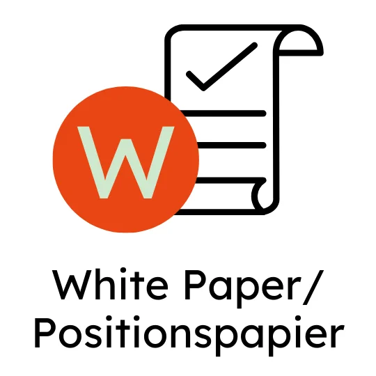 Icon für Positionspapier (White Paper): Dokument mit Haken, neben einem roten Kreis mit dem weißem Buchstaben W
