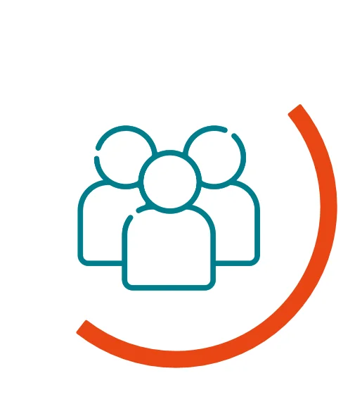 Icon symbolising patient or public engagement: three stylised green figures surrounded by an orange semicircular arc.