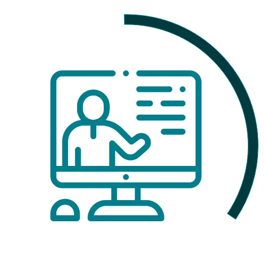 Icon symbolising virtual events: green computer monitor showing a presenting person, surrounded by a dark green semicircular arc