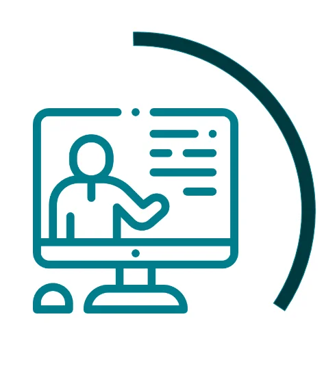 Icon symbolising virtual events: green computer monitor showing a presenting person, surrounded by a dark green semicircular arc