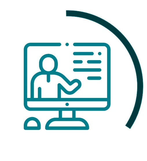 Icon symbolising virtual events: green computer monitor showing a presenting person, surrounded by a dark green semicircular arc