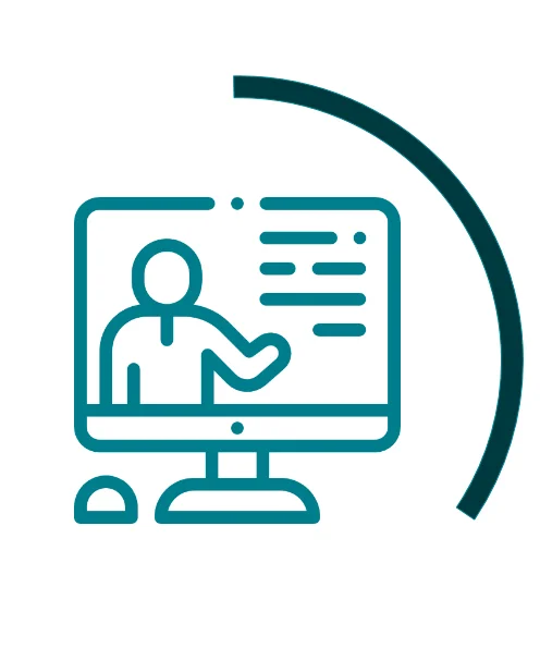 Icon symbolising virtual events: green computer monitor showing a presenting person, surrounded by a dark green semicircular arc