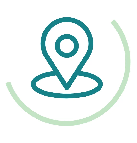 Icon symbolising GHGA Data Hubs: green location pin, surrounded by a light green semicircular arc  