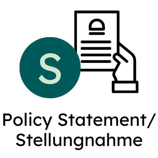 Icon für Stellungnahme: Hand hält ein Dokument mit Textzeilen, neben einem grünen Kreis mit dem weißem Buchstaben S