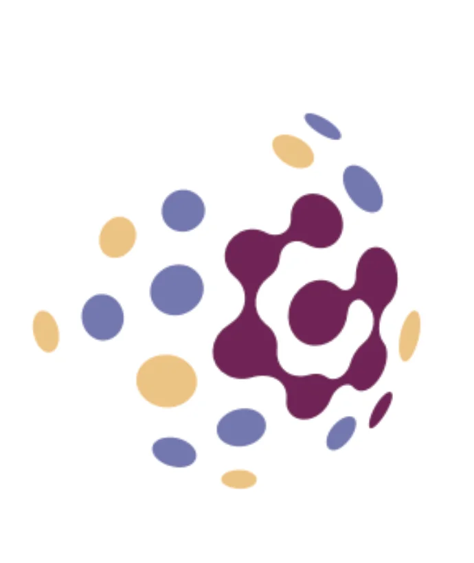 Logo der European Genomics Data Infrastructure: Halbkreis aus gelben, violetten und verbundenen magentafarbenen Punkten.