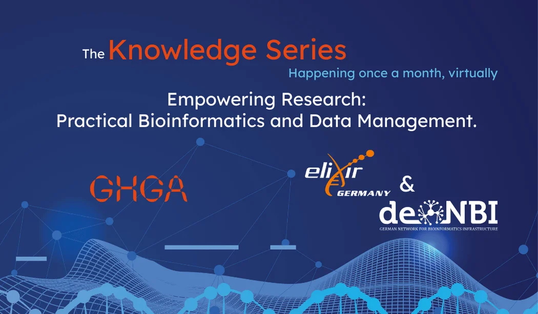 Announcement card for the GHGA Webinar, coordinated by GHGA, de.NBI and ELIXIR Germany.