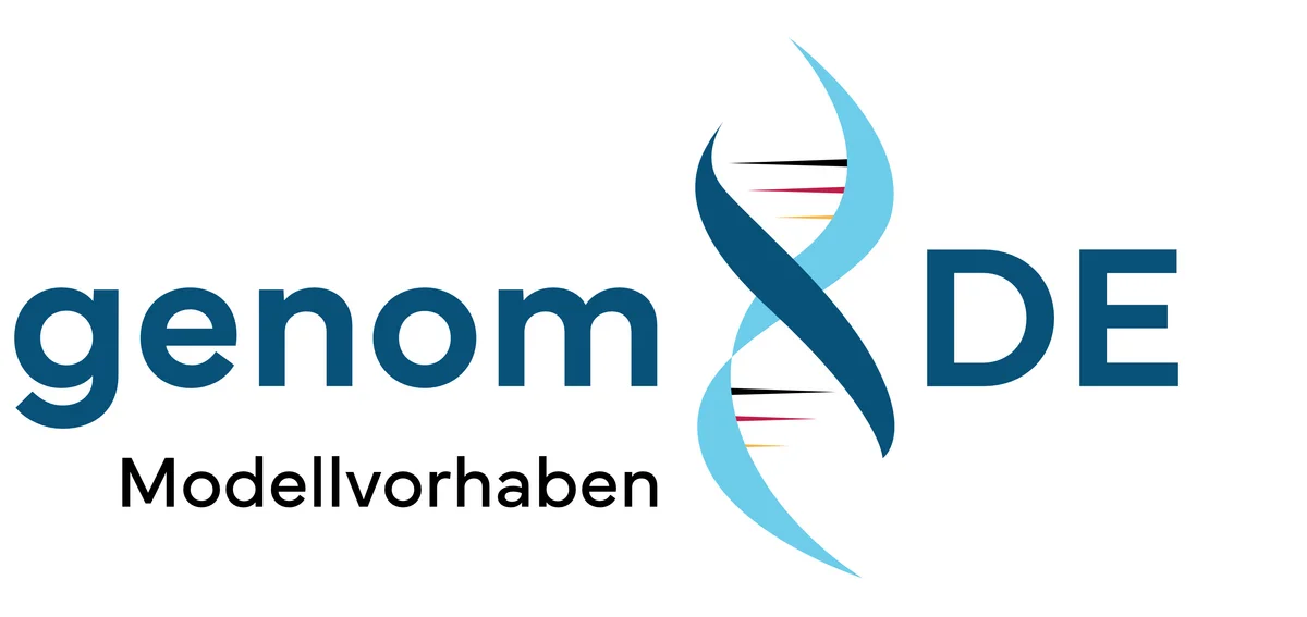 Logo for the genomDE model project: genom DE in blue letters, separated by a stylised DNA helix. 