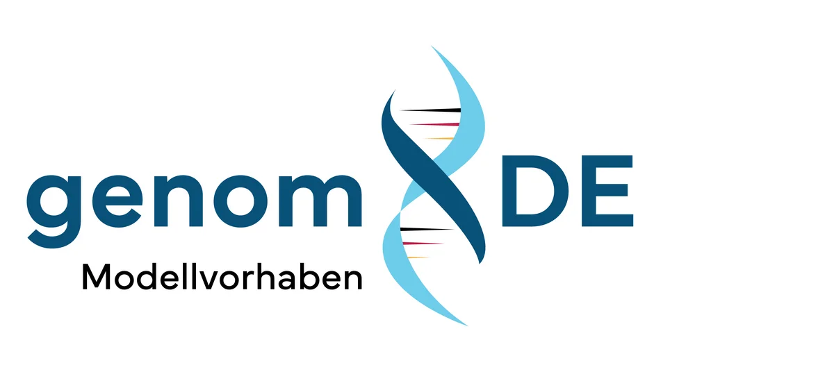 Logo des genomDE Modellprojekt : genom DE in blauen Buchstaben, getrennt durch eine stilisierte DNA-Helix mit Modellvorhaben darunter ausgeschrieben.