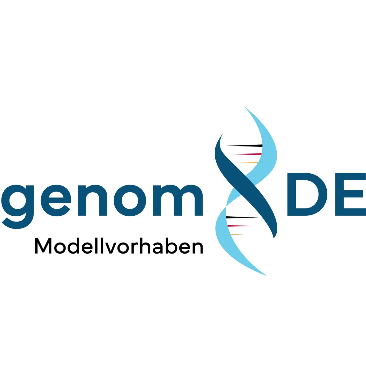 Logo for the genomDE model project: genom DE in blue letters, separated by a stylised DNA helix. 