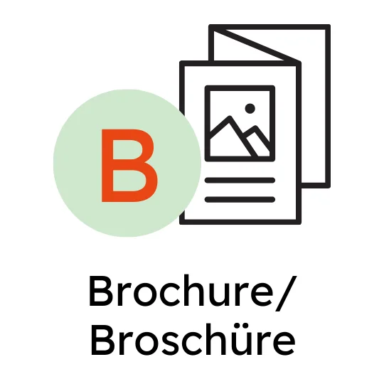 Icon für Broschüre: gefaltetes Papier mit einem Bildsymbol, neben einem hellgrünen Kreis mit dem rotem Buchstaben B
