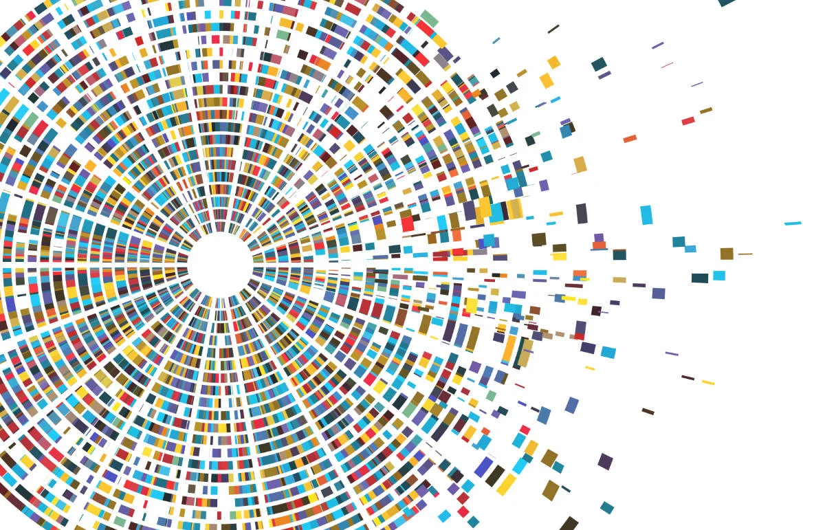 Abstract representation of data: a colorful circle with radiating multicolored bars.