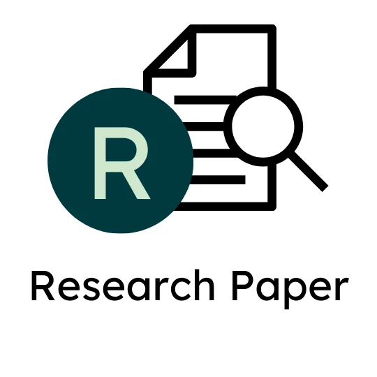 Icon symbolising a research paper: document with a magnifying glass, next to a dark green circle with the white letter R