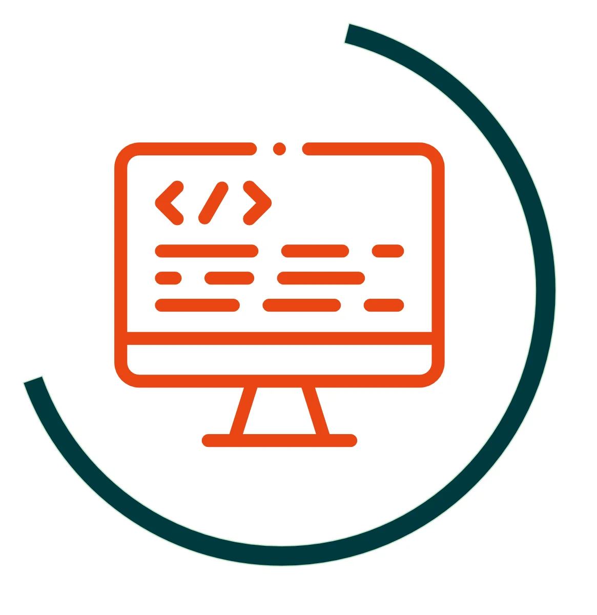 Icon symbolising training in metadata and FAIR principles: an orange computer screen showing code symbols and text lines, surrounded by a dark green semicircular arc