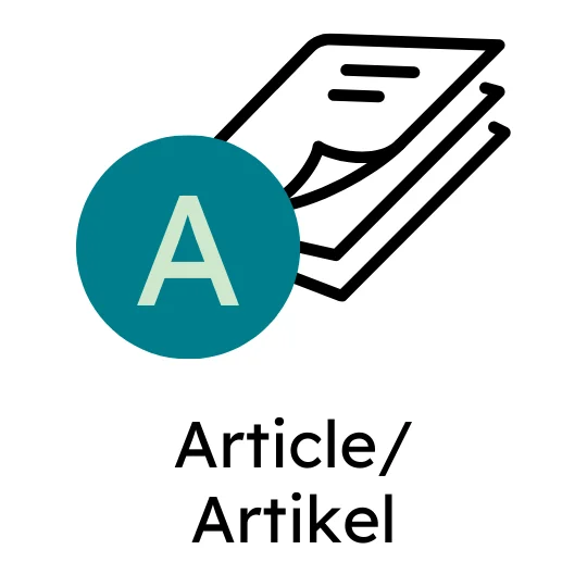 Icon für Artikel: Heft mit zwei überlappenden Seiten, neben einem petrolfarbenem Kreis mit dem weißem Buchstaben A