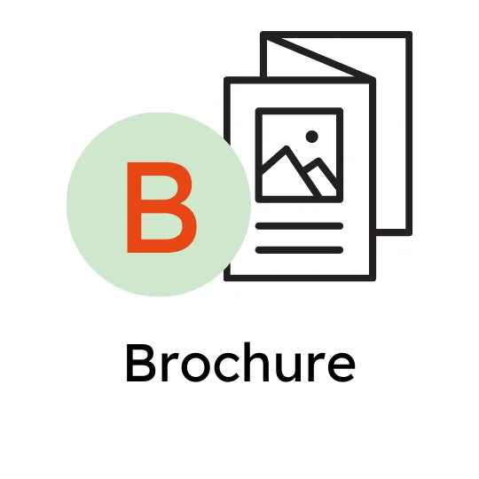 Icon symbolising a brochure: folded leaflet with image symbol, next to a light green circle with the red letter B