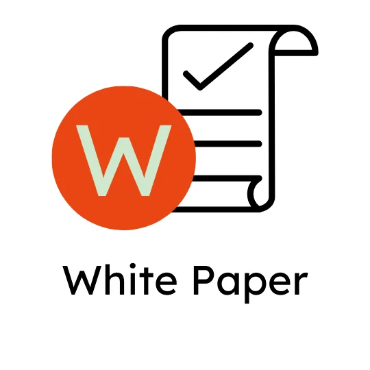 Icon symbolising a white paper: document with tick, next to a red circle with the white letter W
