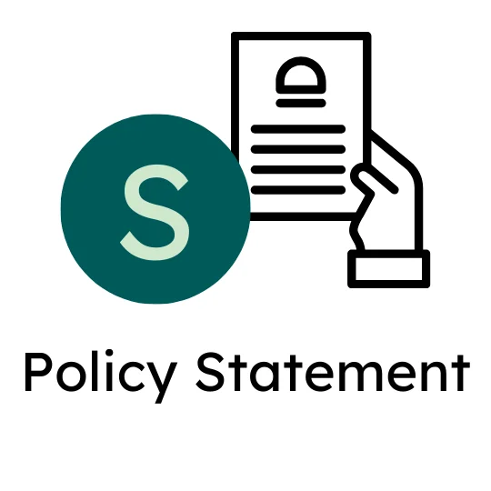 Icon symbolising a policy statement: hand holding a document with text lines, next to a green circle with the white letter S