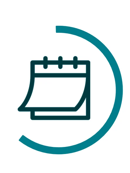 Icon symbolising scheduled date or event: green calendar icon, surrounded by a dark green semicircular arc