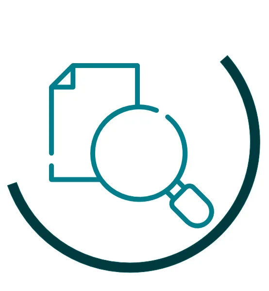 Icon symbolising legacy consent reassessment: green magnifying glass over a document, surrounded by a dark green semicircular arc