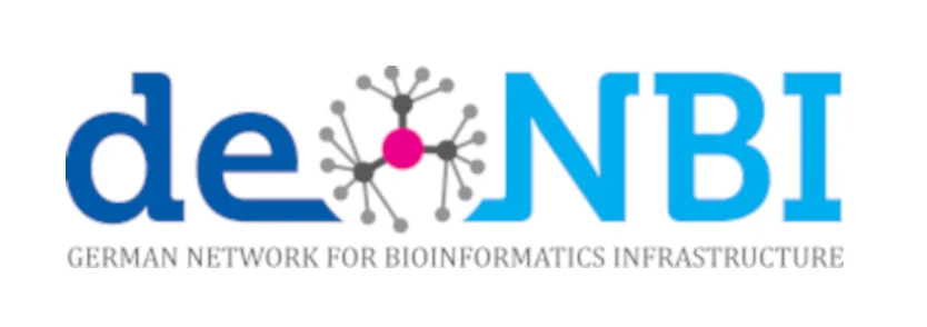Logo von de.NBI: blaue Buchstaben mit einem netzwerkartigen Symbol zwischen „de“ und „NBI“, darunter eine graue Unterzeile mit dem Text „German Network for Bioinformatics Infrastructure“