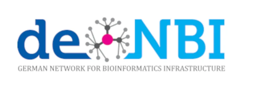 Logo for de.NBI: blue letters with a network-like symbol between “de” and “NBI”, and a grey subtitle reading “German Network for Bioinformatics Infrastructure” underneath