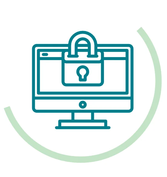 Icon symbolizing secure data access and protection: green computer monitor with a padlock, surrounded by a light green semicircular arc 