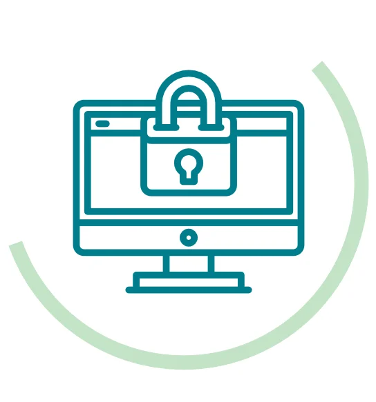Icon für sicheren Datenzugriff und -schutz: grüner Computermonitor mit Vorhängeschloss, umgeben von einem halbkreisförmigen hellgrünen Bogen