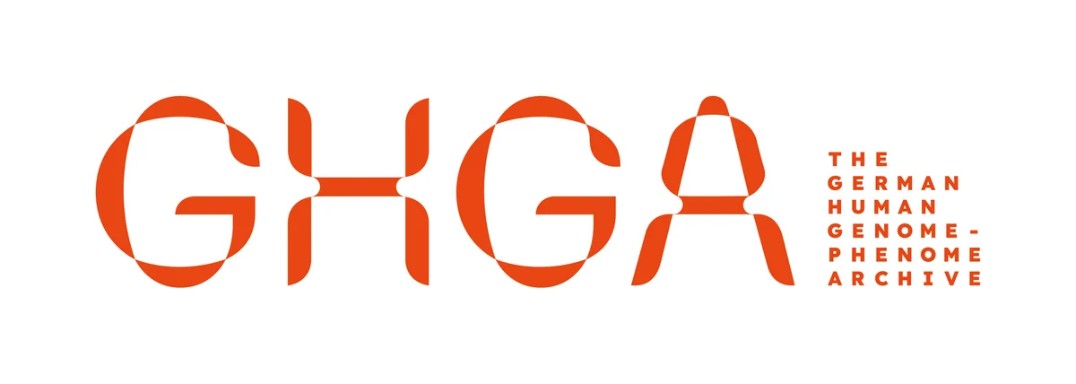 Logo for The German Human Gernome-Phenome Archive: orange letters resembling a helix