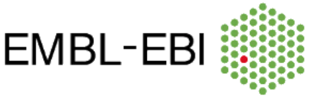 Logo of the European Molecular Biology Laboratory and its European Bioinformatics Institute (EMBL-EBI): 'EMBL- EBI' in black letters, accompanied by a hexagonal arrangement of green dots with a central red dot, symbolising a molecular or data network.