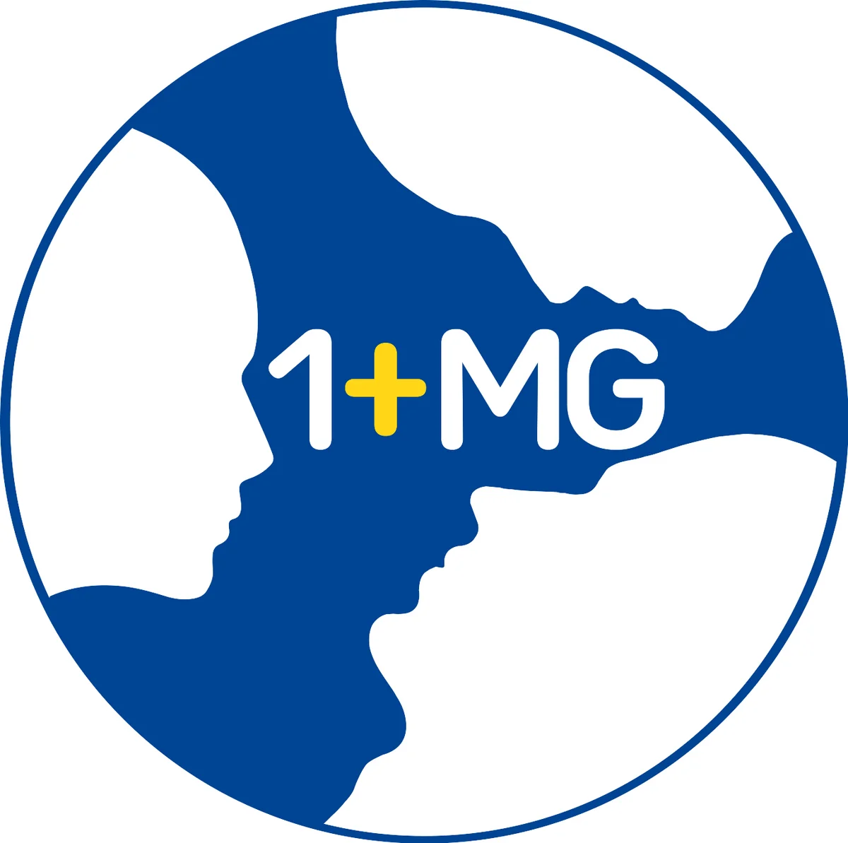 Logo for the 1+million genome (1+MG) initiative. Blue circle with three faces looking inwards, and 1+MG in the middle.