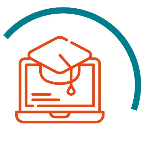 Icon für virtuelle Schulungen: orangefarbener Computermonitor mit einem Doktorhut darüber, umgeben von einem halbkreisförmigen grünen Bogen