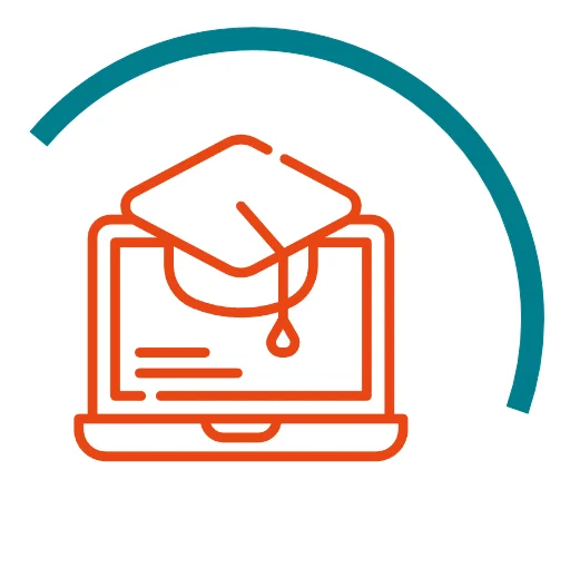 Icon symbolising virtual trainings: orange computer monitor with a graduation cap above it, surrounded by a green semicircular arc