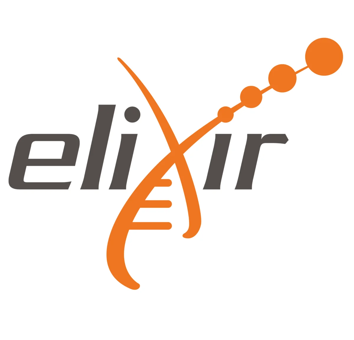 Logo of the European life sciences infrastructure ELIXIR: Dark grey letters with the X stylised as a DNA double helix. 