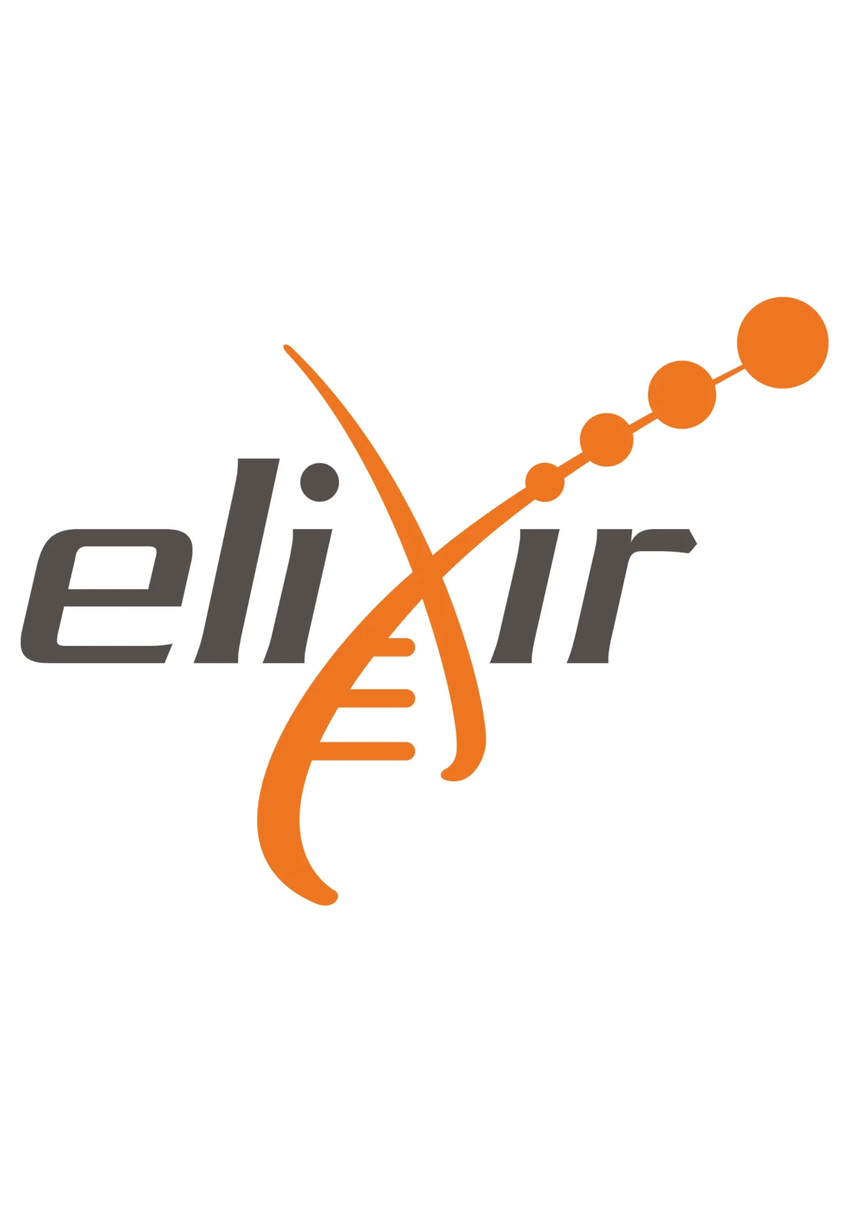 Logo der europäischen Infrastruktur für Biowissenschaften ELIXIR: Dunkelgraue Buchstaben mit einem X, das als DNA-Doppelhelix stilisiert ist.
