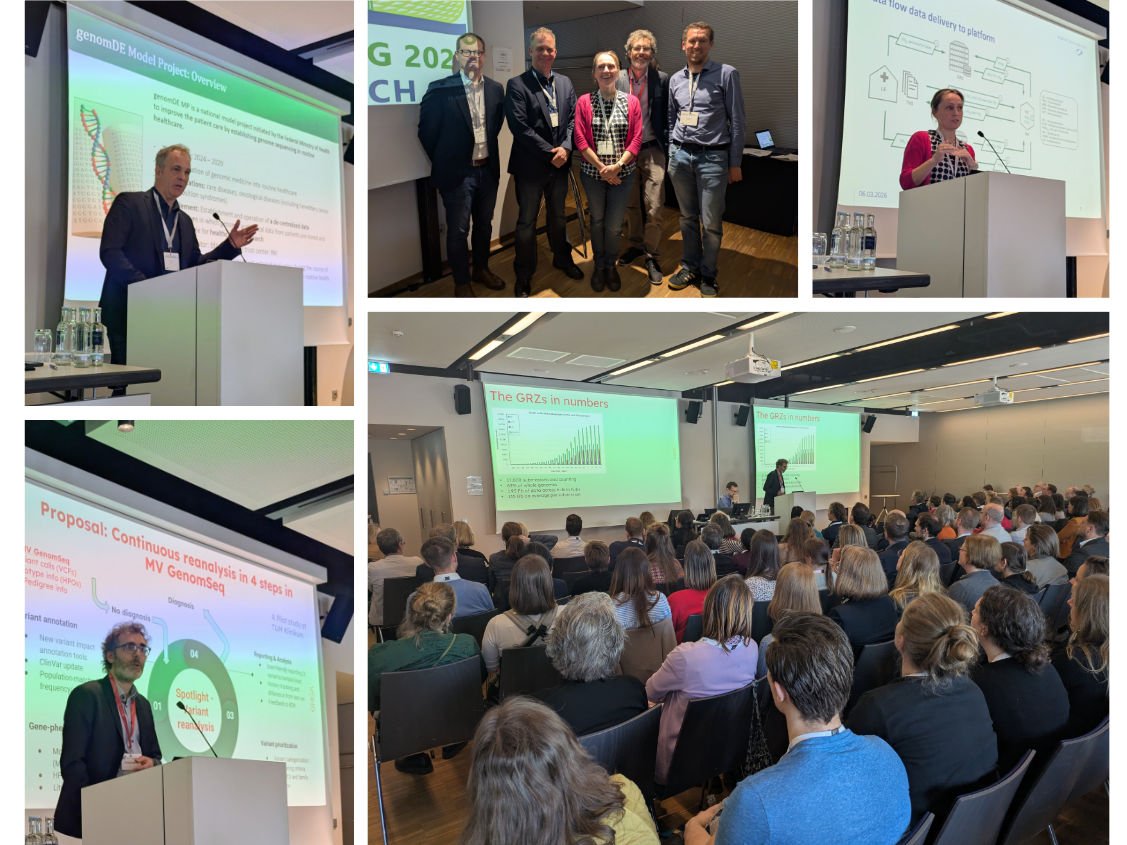 Collage of pictures taken at the GHGA workshop at the GfH Annual Meeting 2026, showing the full room of participants as well as the different speaker.