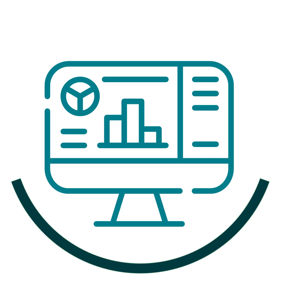 Icon symbolising biomedical research statistics: green computer monitor icon displaying a pie chart and bar graph, surrounded by a dark green semicircular arc
