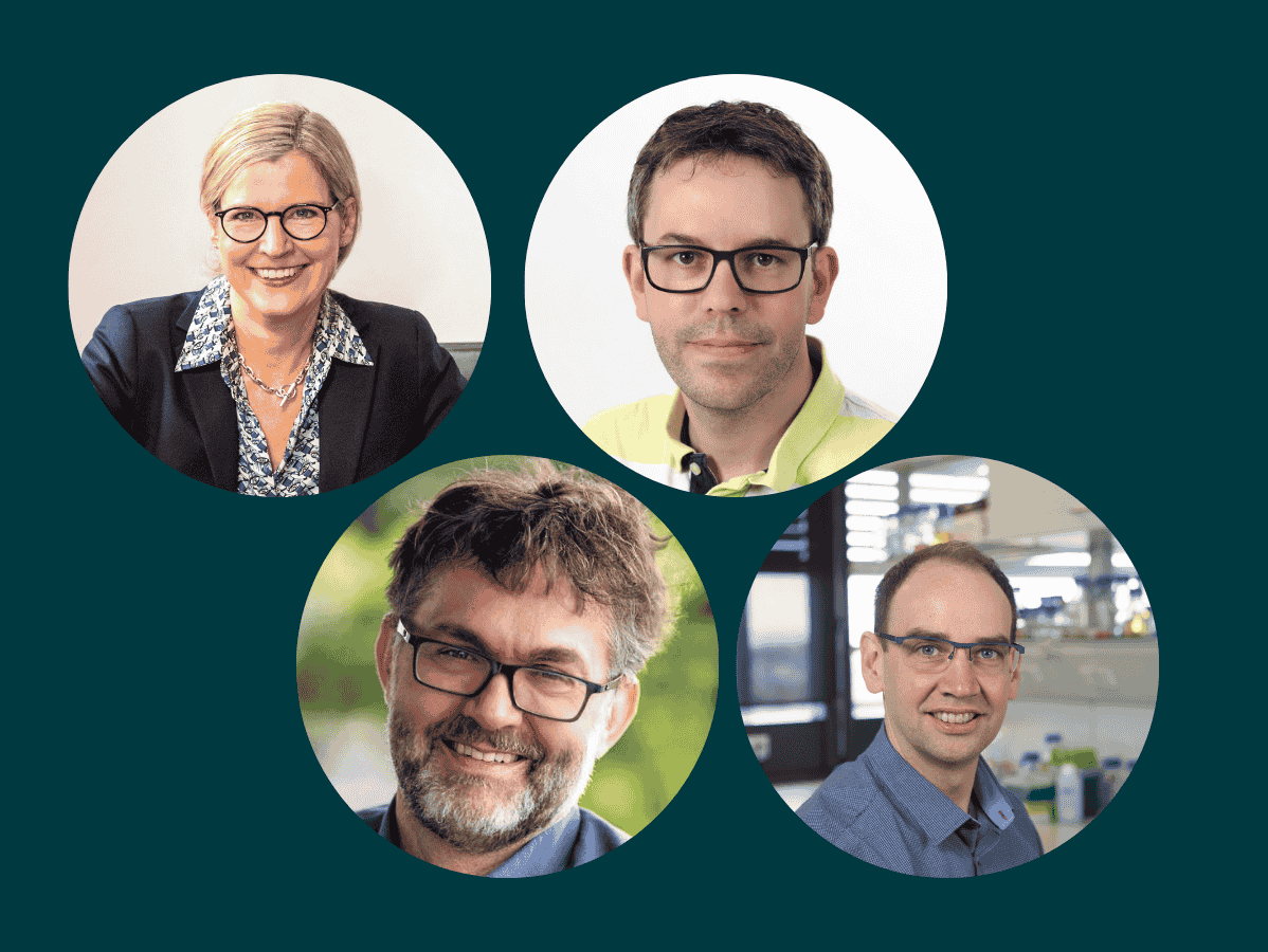 Collage of the new GHGA Board of Directors, in 4 pictures on dark green background you see Juliane Winkelmann, Oliver Stegle, Stefan Wesner und Oliver Kohlbacher.