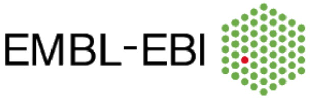 Logo of the European Molecular Biology Laboratory and its European Bioinformatics Institute (EMBL-EBI): 'EMBL- EBI' in black letters, accompanied by a hexagonal arrangement of green dots with a central red dot, symbolising a molecular or data network.